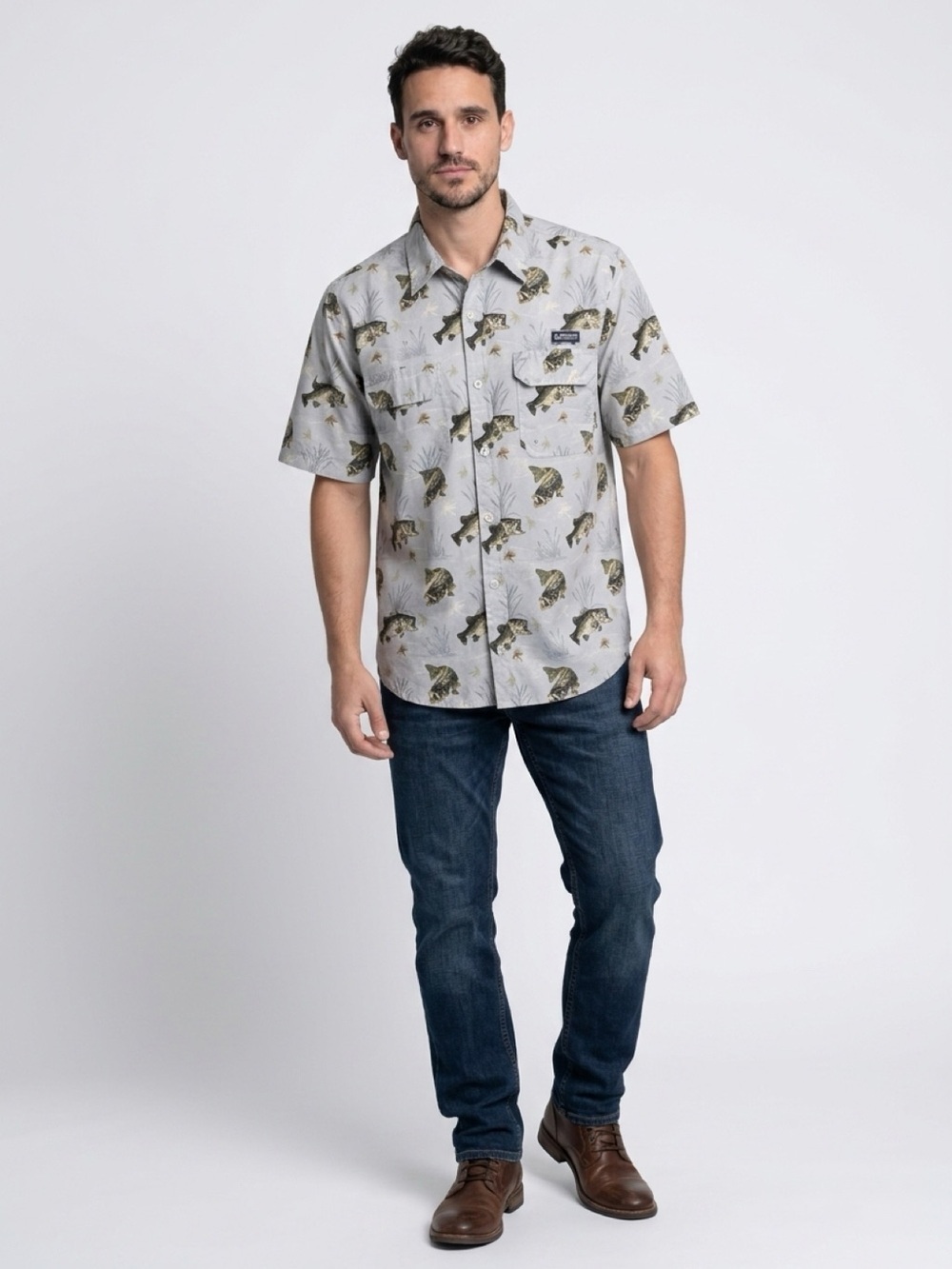 Realtree Fishing Men's Gray Fish Print Button-Up Shirt Size L